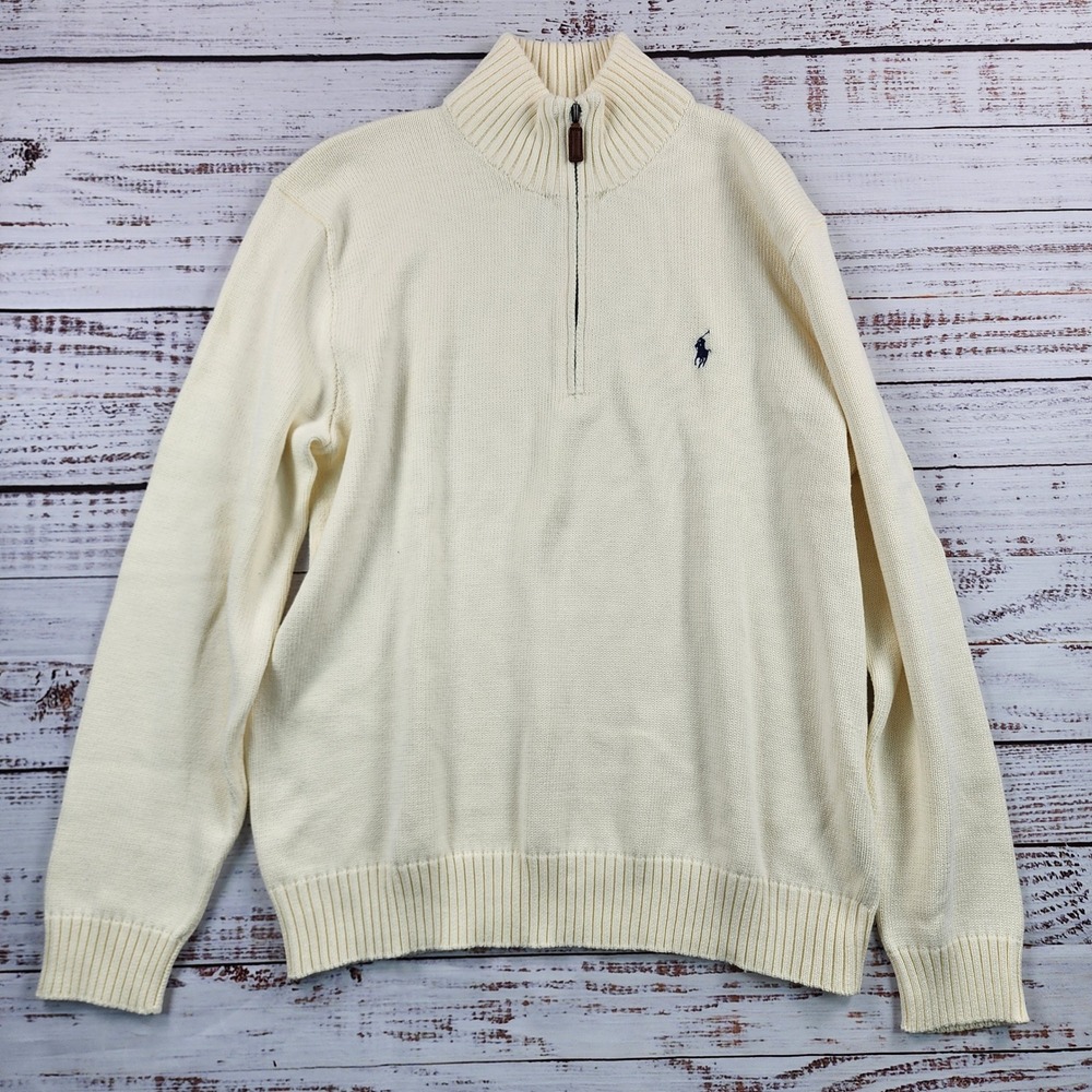 Polo Ralph Lauren Estate-Rib Quarter-Zip Sweater Men's L Cream Cotton Pony